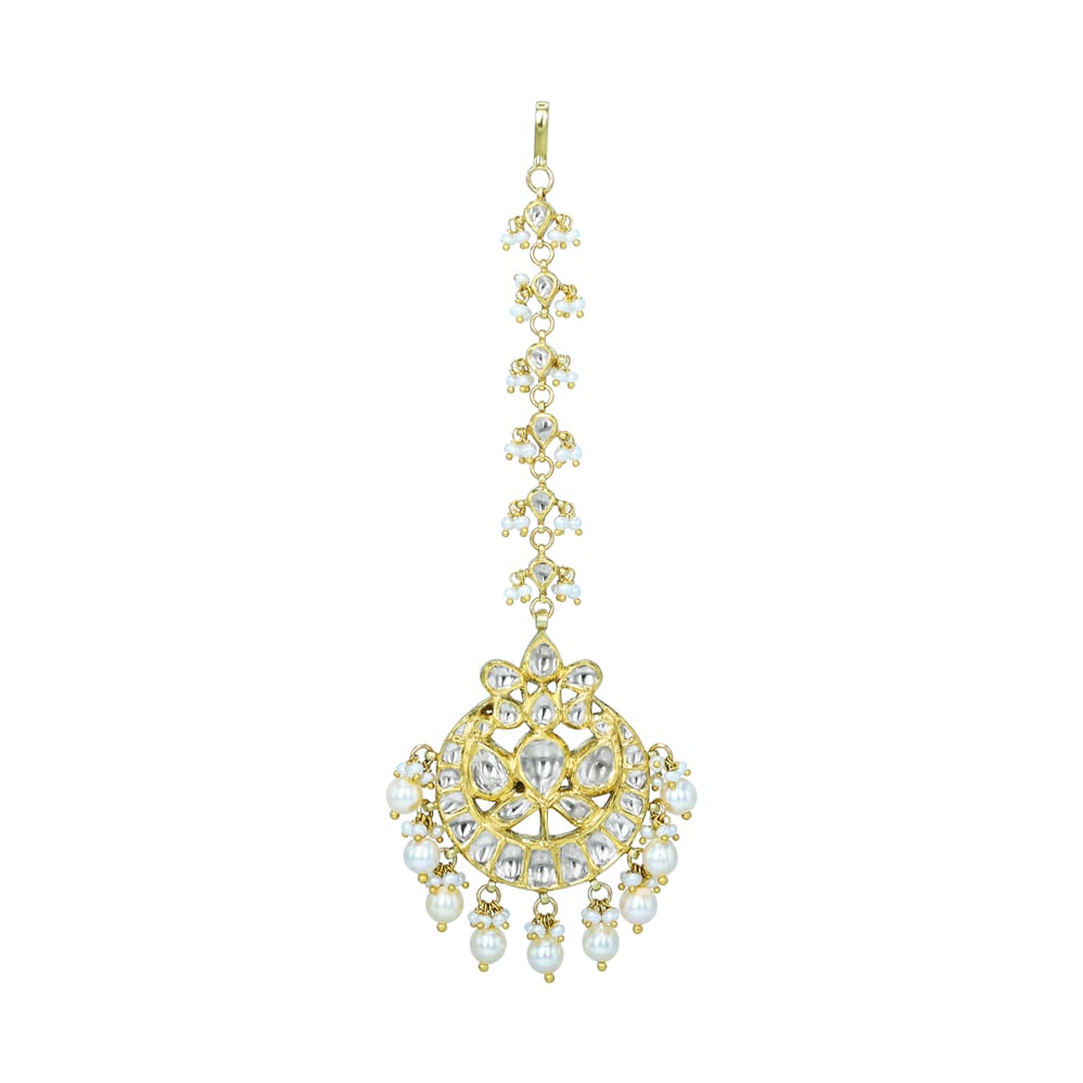 Circular Polki Mangtikka with Pearls and Chain for Support